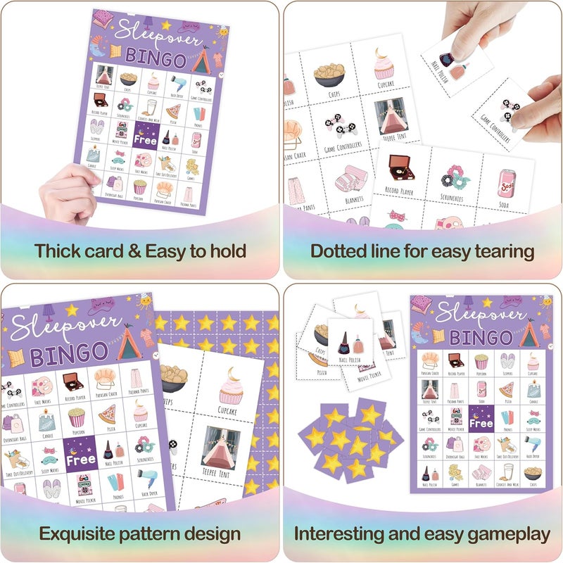Mueddur Sleepover Bingo Card, Slumber Bingo Set for Adults Large Group Family Friends, Pajama Party Game, Spa Party Supplies Decorations, Holiday Games for 24 Players -02 - Image 4